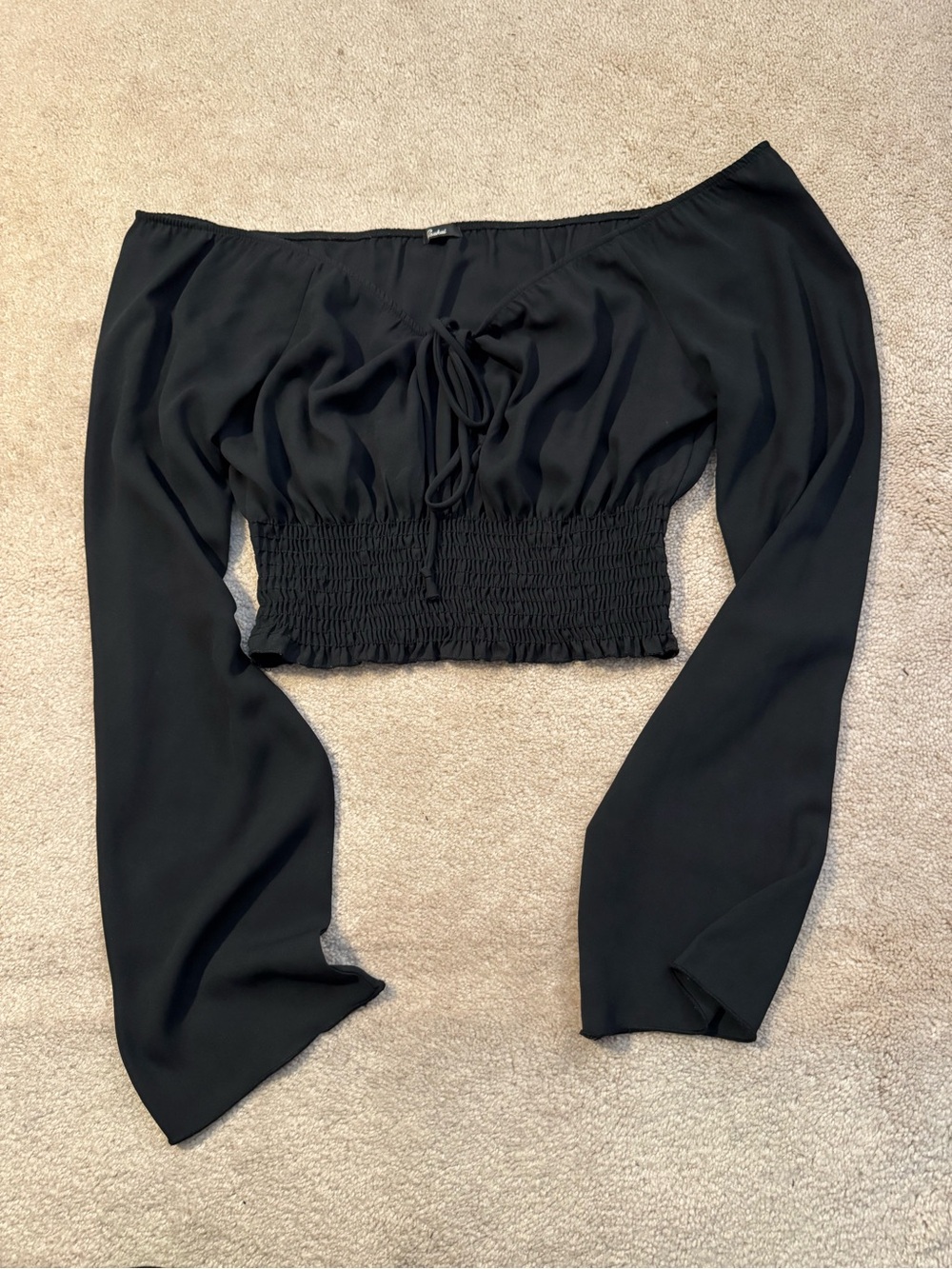 Off-Shoulder Black Smocked Cropped Top with Tie Front